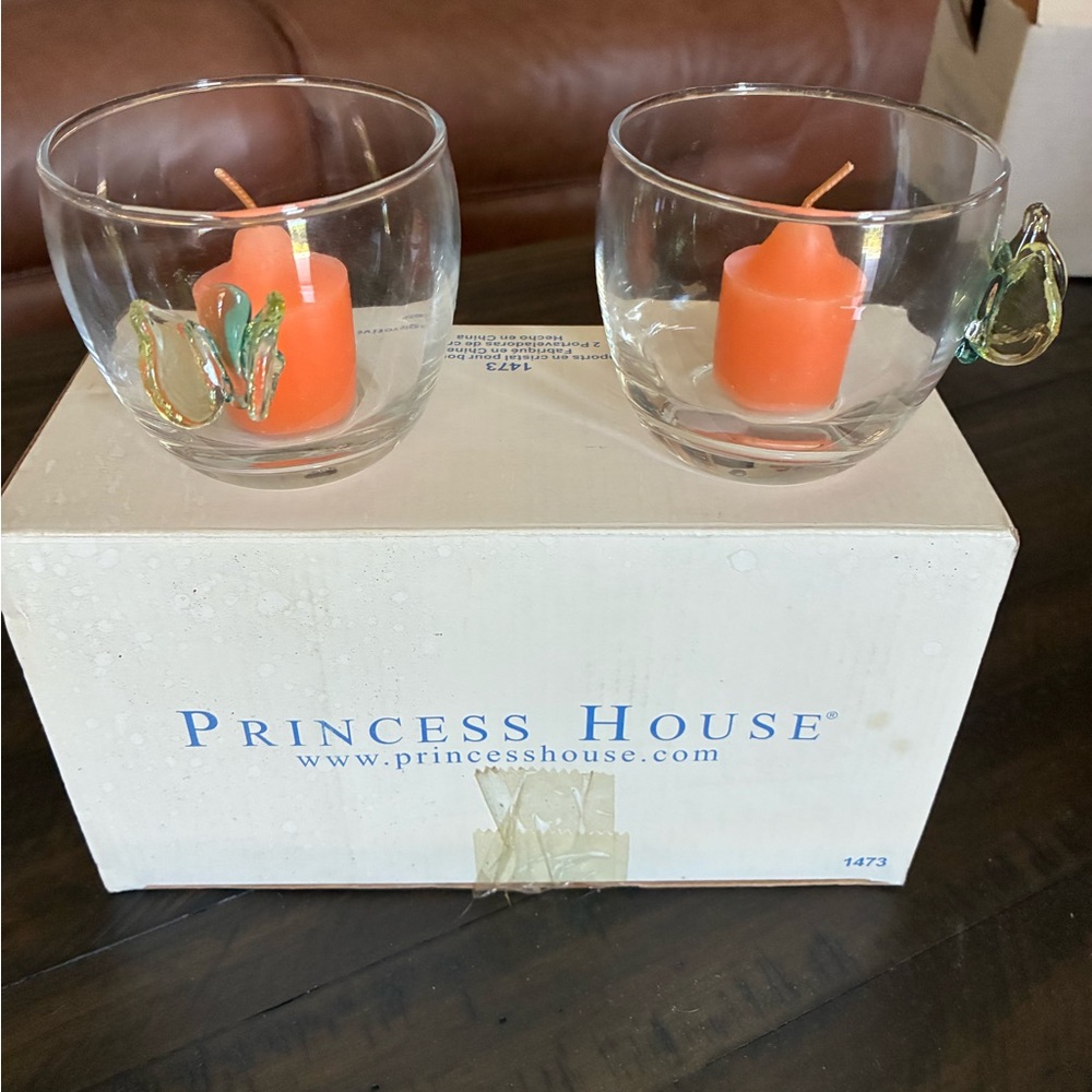 Princess House Glass Holders with Orange Candles